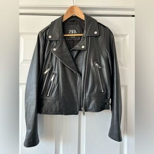 NWOT -Zara Women's Sleek Black Leather Biker Jacket